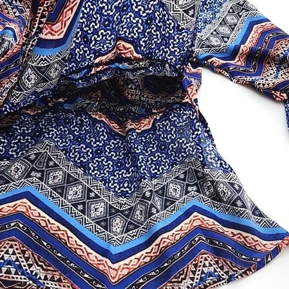 New Look Boho V Neck Long Sleeve Top Blue Red Grey Print Lightweight Size M - Picture 6 of 11